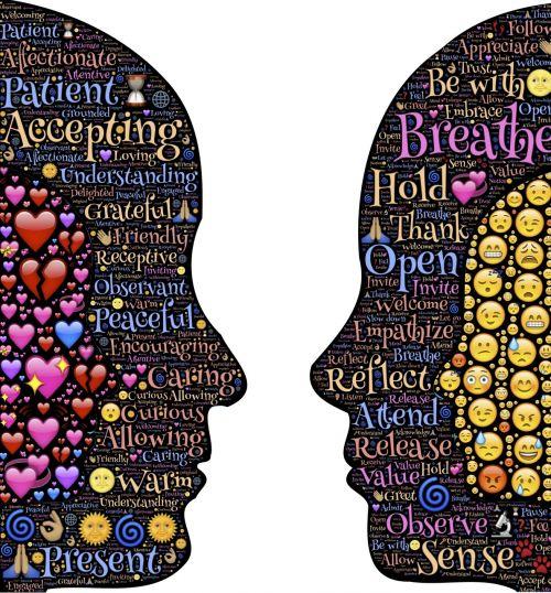 graphic of two faces close to each other with compassion themed words in each